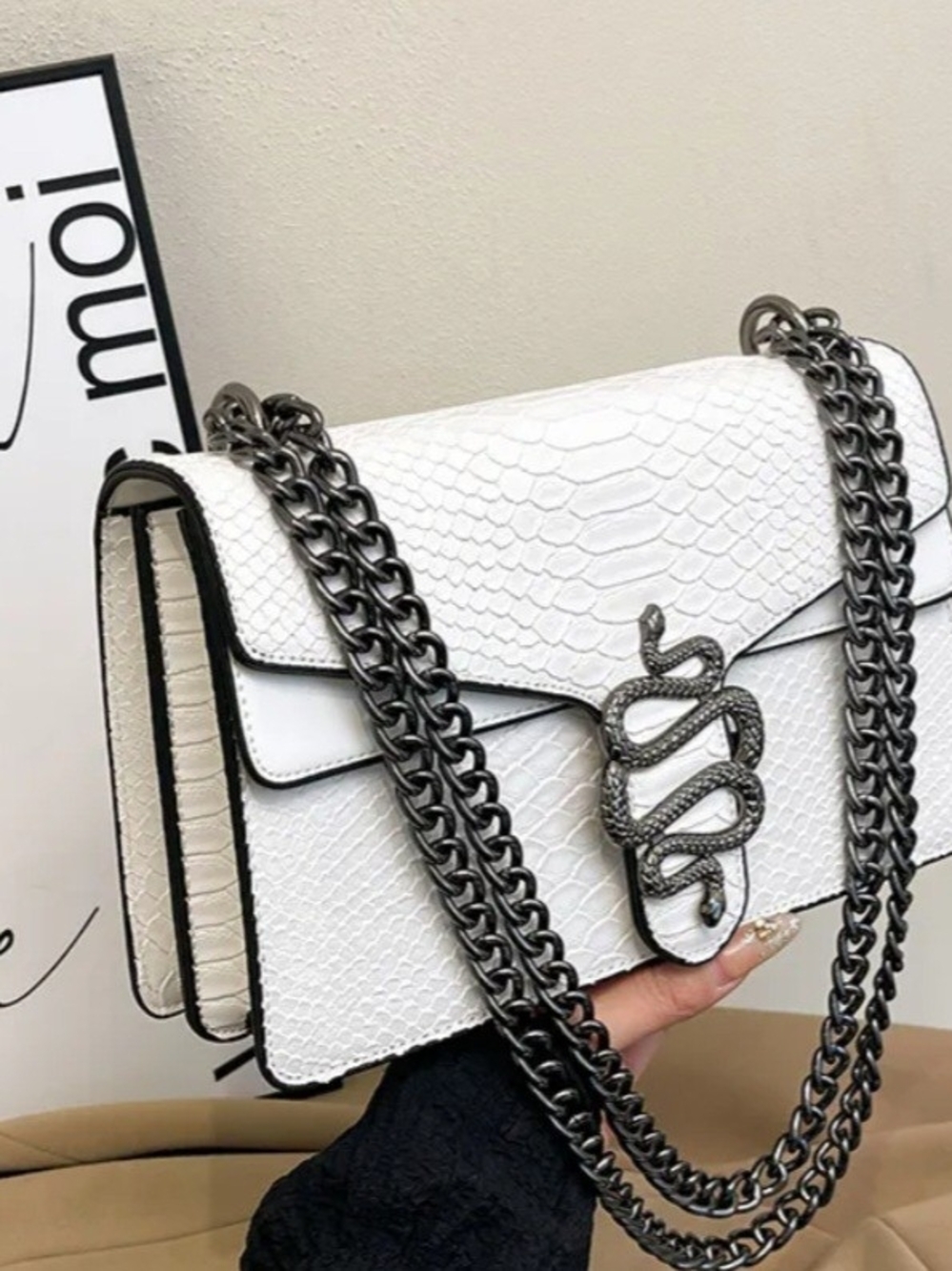 White Textured Snake-Accent Shoulder Bag